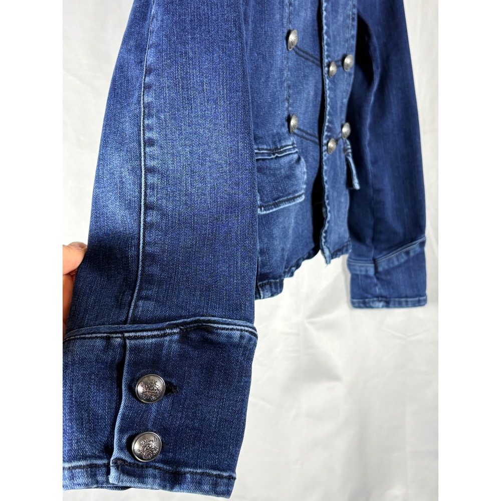 American Rag Womens Military Denim Jacket Blue Crest Button Stand Collar Large - Picture 3 of 7